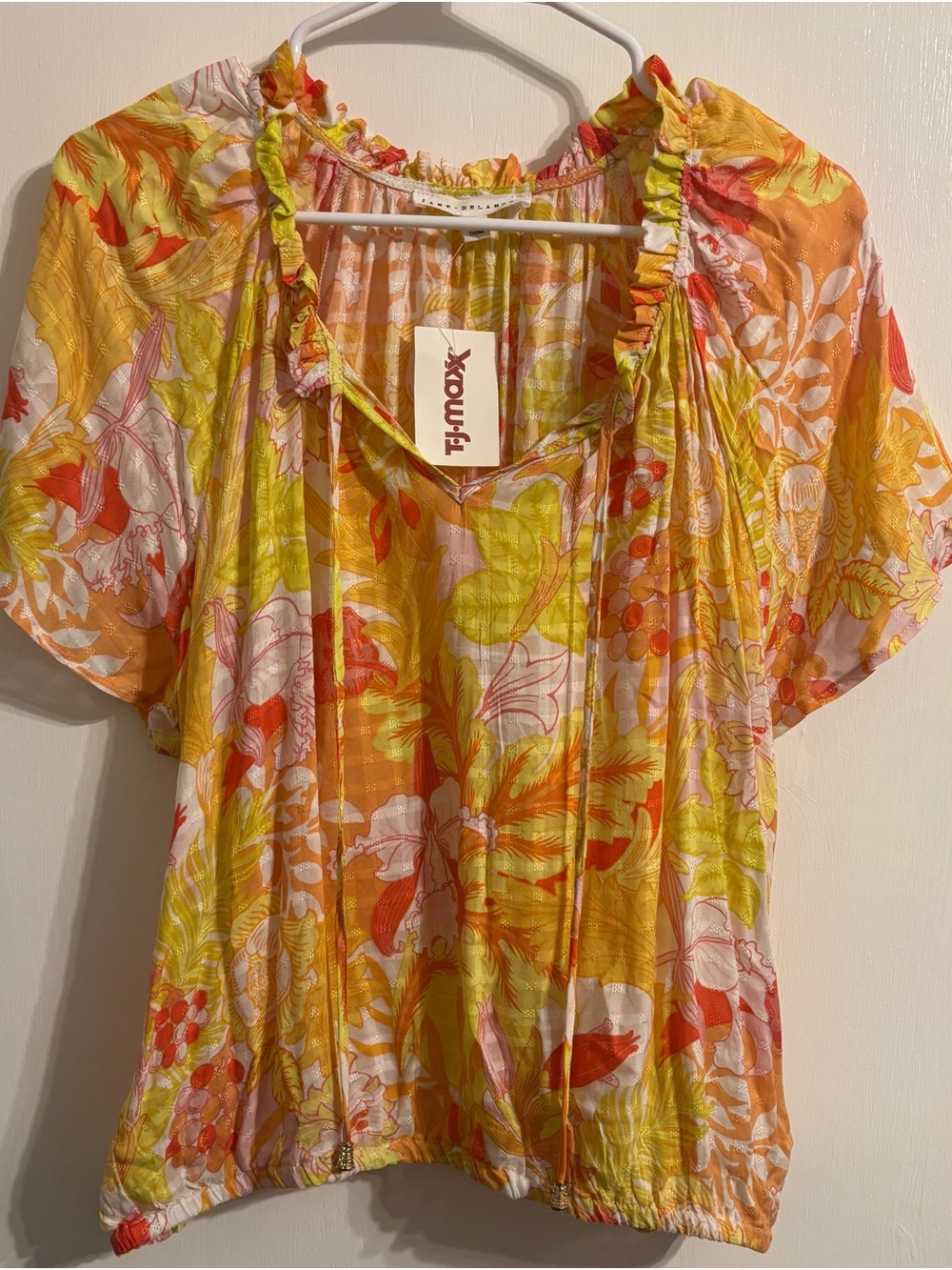 Jane and Delancey Yellow Orange Floral Ruffle Tie Blouse